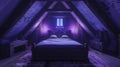 Night view of an old house attic filled with furniture Royalty Free Stock Photo