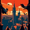 Night view of the old town of Prague, Czech Republic. Vector illustration AI Generated