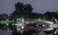 Night view of one of the illuminated bridges in Bordei Park in Bucharest Royalty Free Stock Photo