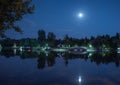 Night view of one of the illuminated bridges in Bordei Park in Bucharest Royalty Free Stock Photo