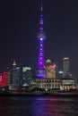 Night view of Oriental Pearl Tower in Pudong new area in Shanghai across Huangpu River Royalty Free Stock Photo