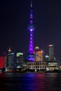 Night view of Oriental Pearl Tower in Pudong new area in Shanghai across Huangpu River Royalty Free Stock Photo