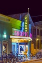 Night view of outside the cinema in Key west in typical art deco design with Marilyn monroe as statue in entranc