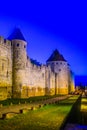 Night view over illuminated fortification of Carcassonne, France