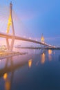 Night view over Rama9 suspension bridge cross over Bangkok river Royalty Free Stock Photo