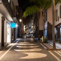 Night view over street of Funchal with its famous black an white ancient pavement