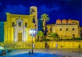 Night view of Piazza Bellini dominated by chiesa di san cataldo and chiesa santa maria dell ammiraglio in Palermo, Sicily, Italy