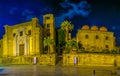 Night view of Piazza Bellini dominated by chiesa di san cataldo and chiesa santa maria dell ammiraglio in Palermo, Sicily, Italy