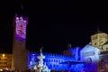 Night view of Piazza Duomo square in the city of Trento with Fontana di Nettuno getting ready for new year, Italy, Europe