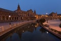 Night view of the Spanish square Plaza de Espana in Seville, Andalusia,Spain Royalty Free Stock Photo