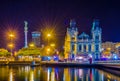 Night view of the Port Authority of Barcelona building and monument a Colom, Spain...IMAGE Royalty Free Stock Photo