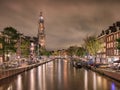 Night view on the Prinsengracht in the historical city center of Amsterdam. Royalty Free Stock Photo