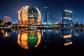 Night view of Qianjiang New Town with reflection, Hangzhou, Zhejiang, China Royalty Free Stock Photo