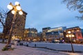 Night view of the Quebec City Old Town street in autumn. Place D Youville.