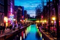 Night view of Red - light district in Amsterdam, Netherlands with sex shops Royalty Free Stock Photo