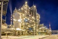 Night view of the refinery, distillation columns