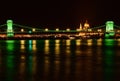 night view of the renovated chain bridge over the Danube river in Budapest. Royalty Free Stock Photo