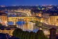 Night view of the River Arno and famous bridge Ponte Vecchio. Beautiful city night lights in Florence, Italy Royalty Free Stock Photo