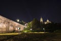 Night view of Roman bridge over Tormes river in Salamanca, illuminated, and Old and New Cathedrals in the far view, Community of Royalty Free Stock Photo