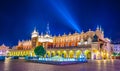 Night view of the rynek glowny main square with the town hall and sukiennice marketplace in the polish city Cracow Royalty Free Stock Photo