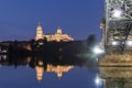 Night view of Salamanca Old and New Cathedrals from Enrique Esteban Bridge over Tormes River, Community of Castile and LeÃÂ³n, Royalty Free Stock Photo