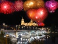 Night view of Salamanca Old and New Cathedrals from Enrique Esteban Bridge over Tormes River, Community of Castile and LeÃÂ³n, Royalty Free Stock Photo