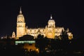 Night view of Salamanca Old and New Cathedrals illuminated, from Tormes River. Community of Castile and LeÃÂ³n, Spain. Declared a