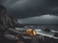 night view of the sea with a tent