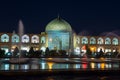 Night view of Sheikh Lotf Allah Mosque with fountain, situated on the eastern side of Naqsh-e Jahan Square,an important