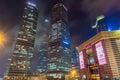 Night view of the skycrapers at Pudong new district in Shanghai at a cloudy day after raining with golden light in Shanghai, China Royalty Free Stock Photo