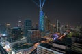 Night view with skyscraper in business district in Bangkok Thailand. Light show at Magnolias Ratchaprasong in Bangkok, Thailand. Royalty Free Stock Photo