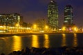 Night view of skyscrapers and beach - center of nightlife at Barcelona Royalty Free Stock Photo