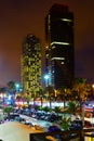 Night view of skyscrapers from port at Barcelona Royalty Free Stock Photo