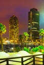 Night view of skyscrapers from port. Barcelona Royalty Free Stock Photo