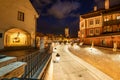 Night view from small square liars bridge Sibiu, Romania, Europe. Blue sky and council tower Royalty Free Stock Photo