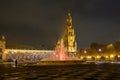 Night view of South Tower and fountain on Plaza de Espana Royalty Free Stock Photo