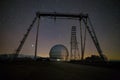 Night view. A special astrophysical observatory and a crane against the background of the starry sky