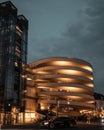 Night view of a spiral parking garage