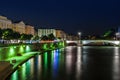night view from St Georges footbridge in Lyon city with Fourviere cathedral Royalty Free Stock Photo