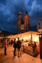 Night view on St. Mary`s Basilica and Main Market Square in Krakow Poland Royalty Free Stock Photo