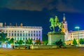 Night view of statue of Louis XIV on Place Bellecour in Lyon, France