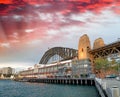 Night view of Sydney Harbor Bridge from the Wharf at sunset, Australia Royalty Free Stock Photo
