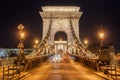 Night view of the Szechenyi Chain Bridge on the River Danube in Budapest Royalty Free Stock Photo