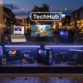 Night View of TechHub Computer Store Display Royalty Free Stock Photo