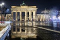 Night view to the Brandenburg Gate in Berlin, Germany, during a rainy winter evening Royalty Free Stock Photo