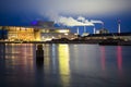 Night view to Copenhagen Opera House Operaen and Amager Bakke factory smoke pipes in Copenhagen, Denmark. February 2020 Royalty Free Stock Photo