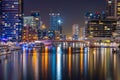 Night view to Dubai Marina panorama, reveals skyscrapers and beautiful bridge. Amazing colors reflect on the water. Luxury destina Royalty Free Stock Photo