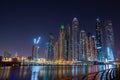 Night view to Dubai panorama. Amazing illumination of the modern iconic skyscrapers at twilights. Shot at blue hour.