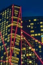 Night view to Rixos Premium Dubai JBR, shot at blue hour showing amazing modern skyscraper architecture. Royalty Free Stock Photo