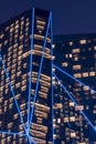 Night view to Rixos Premium Dubai JBR, shot at blue hour showing amazing modern skyscraper architecture.